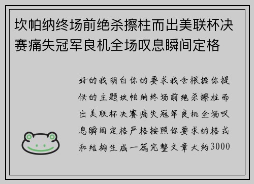 坎帕纳终场前绝杀擦柱而出美联杯决赛痛失冠军良机全场叹息瞬间定格