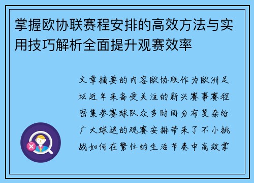 掌握欧协联赛程安排的高效方法与实用技巧解析全面提升观赛效率